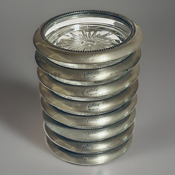 Vintage Leonard Italy Silverplate & Glass Coasters Set of 8 Starburst Design - Picture 1 of 12